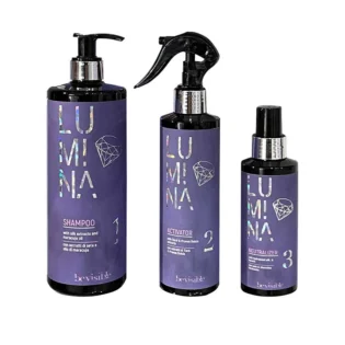 bevisible LUMINA shampoo with silk extracts and maracuja, activator with Tiare and Prunus Dulcis, and neutralizer for hair treatments.