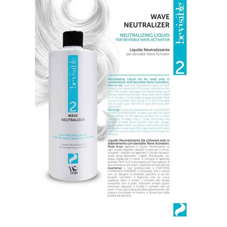 Neutralizing liquid for bevisible Wave Activator in a sleek white bottle with blue accents, designed for professional salon use.