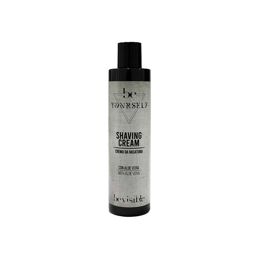 beYourself Shaving cream featuring aloe vera for a smooth and comfortable shave, presented in a sleek black and gray bottle.
