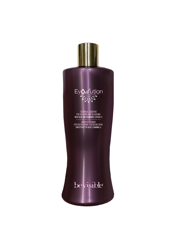 Evoilution: Technical additive for coloring and bleaching with aloe and chamomile extracts in a sleek purple bottle.
