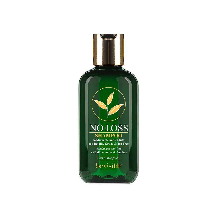 Tea Tree No-Loss Shampoo with birch, nettle, and tea tree for anti-hair loss, free from SLS and SLES, 250ml bottle.