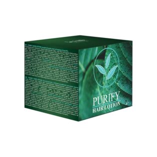 Purify hair lotion in a green box, designed to soothe and balance scalp issues with natural ingredients for professional use.
