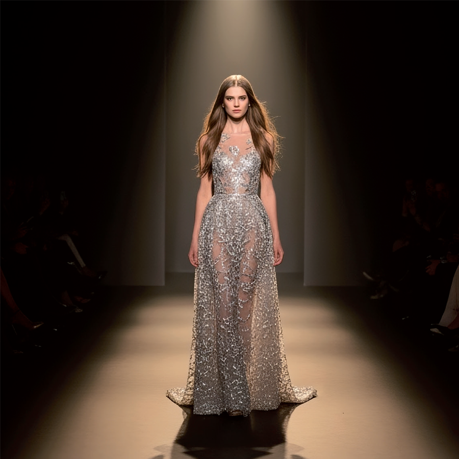 Model showcasing long, sleek hair in a glamorous setting, illuminated by spotlight, wearing a sparkling silver gown.