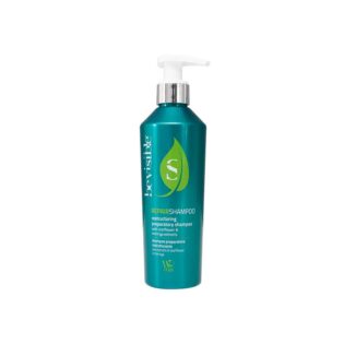 Restructuring shampoo with sunflower and moringa extracts for damaged hair, presented in a teal pump bottle, 250ml.
