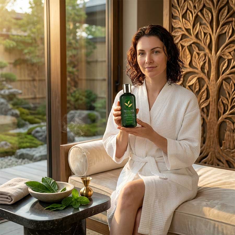 Woman in a robe holding bevisible's No Loss shampoo, showcasing its green bottle, surrounded by natural elements in a serene setting.