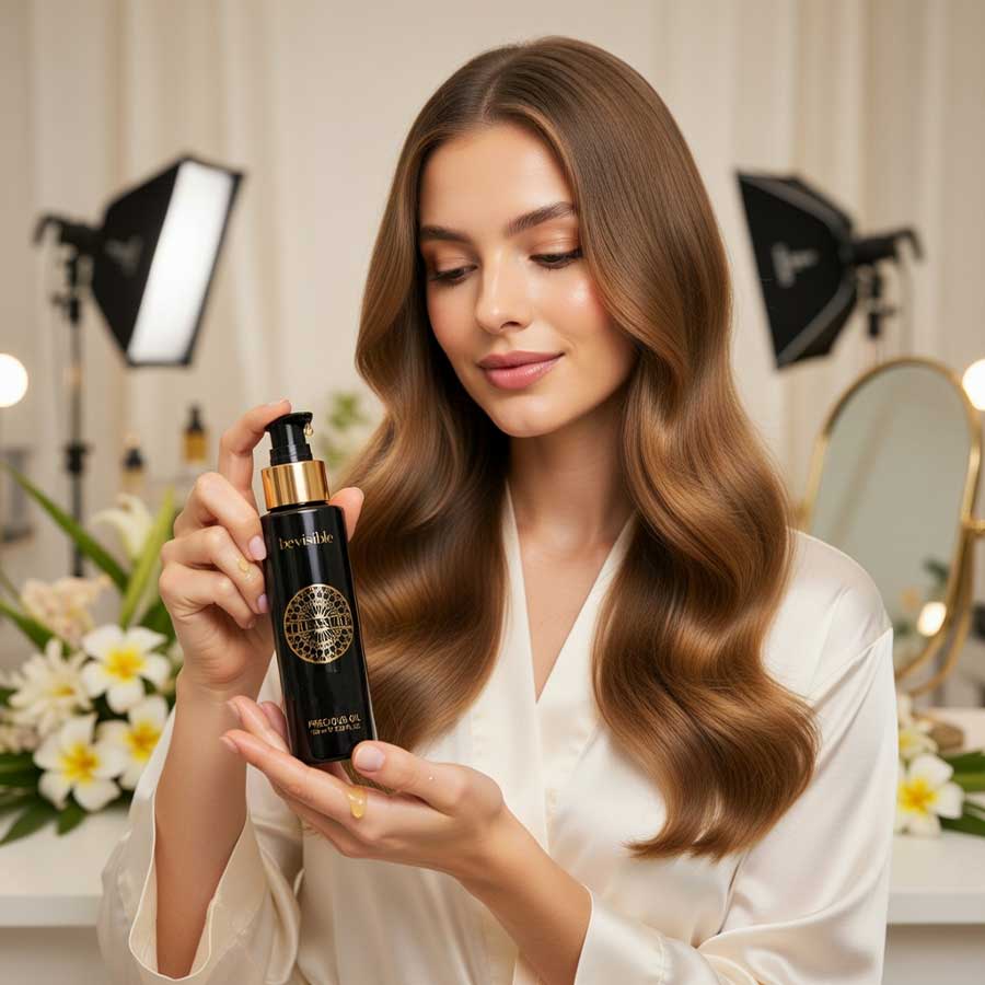 Precious oil treatment for hair, promoting shine and nourishment, held by a model in a salon setting with floral accents.