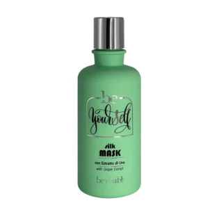 beYourself Silk mask hair treatment with grape extract for deep hydration and nourishment, in a green bottle with a silver cap.
